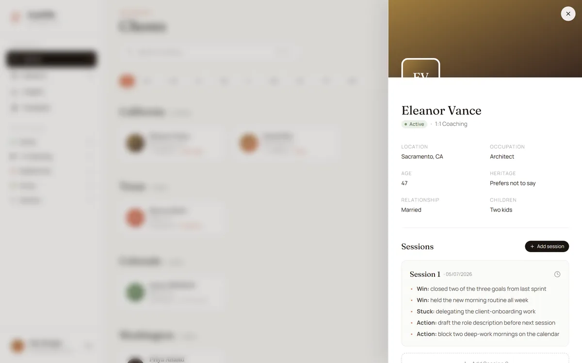 CoachFile client profile: a single client's detail panel with their demographics and full session history alongside the roster.