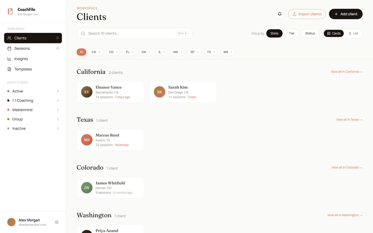 CoachFile client roster: the dashboard with a directory of clients grouped by location, each showing tier, session count, and last touchpoint.
