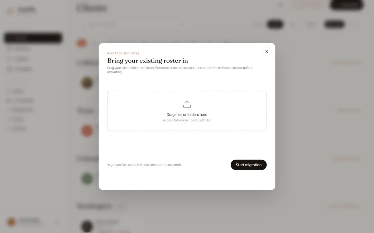 CoachFile guided import: a dialog that walks through bringing existing client notes in, one client at a time.