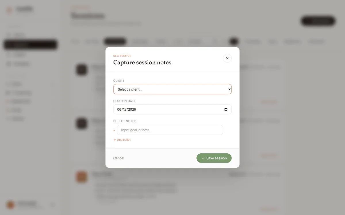 CoachFile session logging: a dialog to capture session notes, with templates to keep notes consistent.