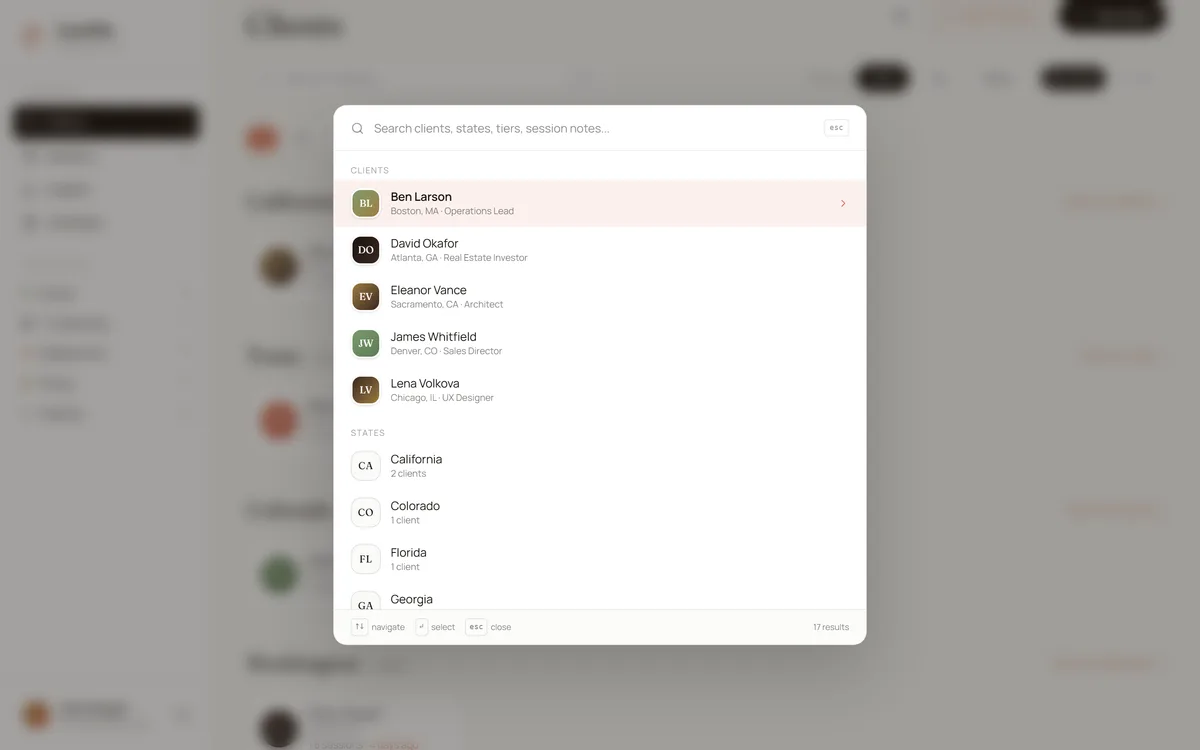 CoachFile command palette: a keyboard-driven quick search that jumps to any client, session, or action from anywhere in the app.