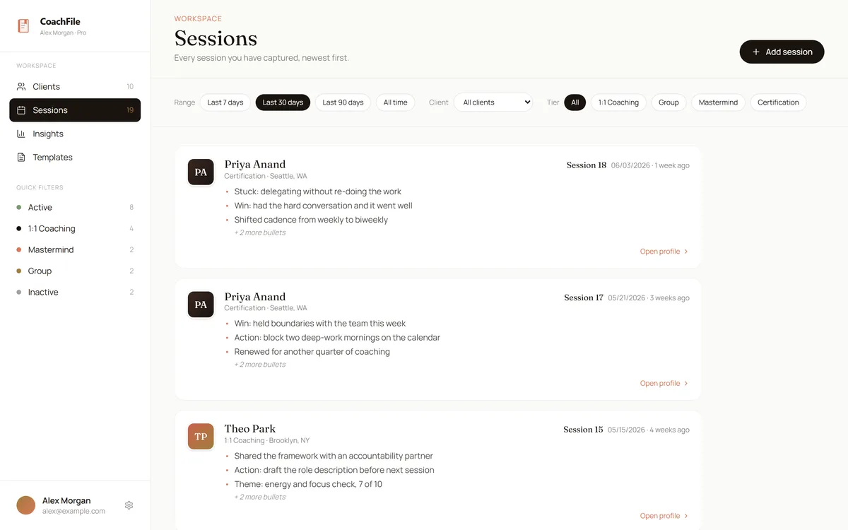CoachFile sessions view: a chronological history of logged sessions across clients.