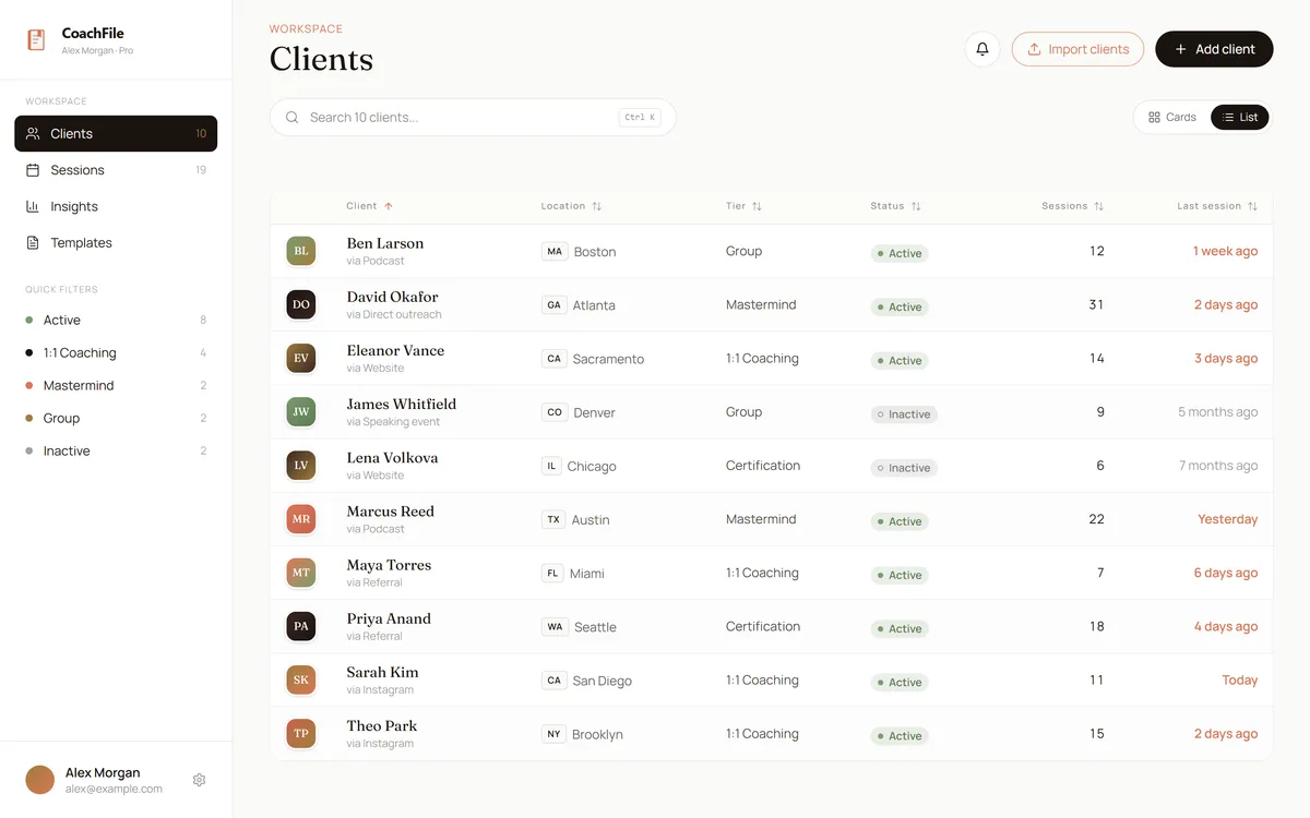 CoachFile client list view: the roster as a sortable table of clients with status, tier, and last session.