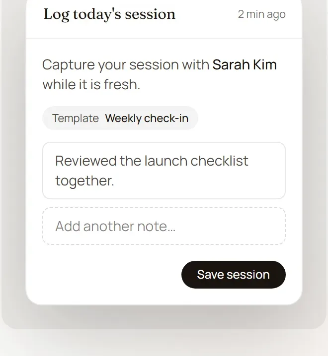 CoachFile post-session capture: a template-assisted prompt to log a session while it is fresh.