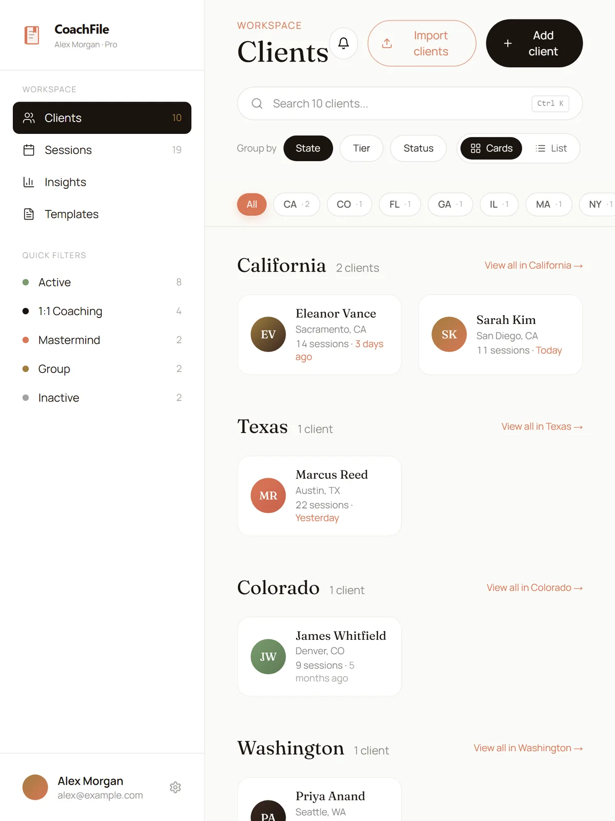 CoachFile dashboard: workspace navigation beside a client roster grouped by state, showing each client's sessions and last touchpoint.
