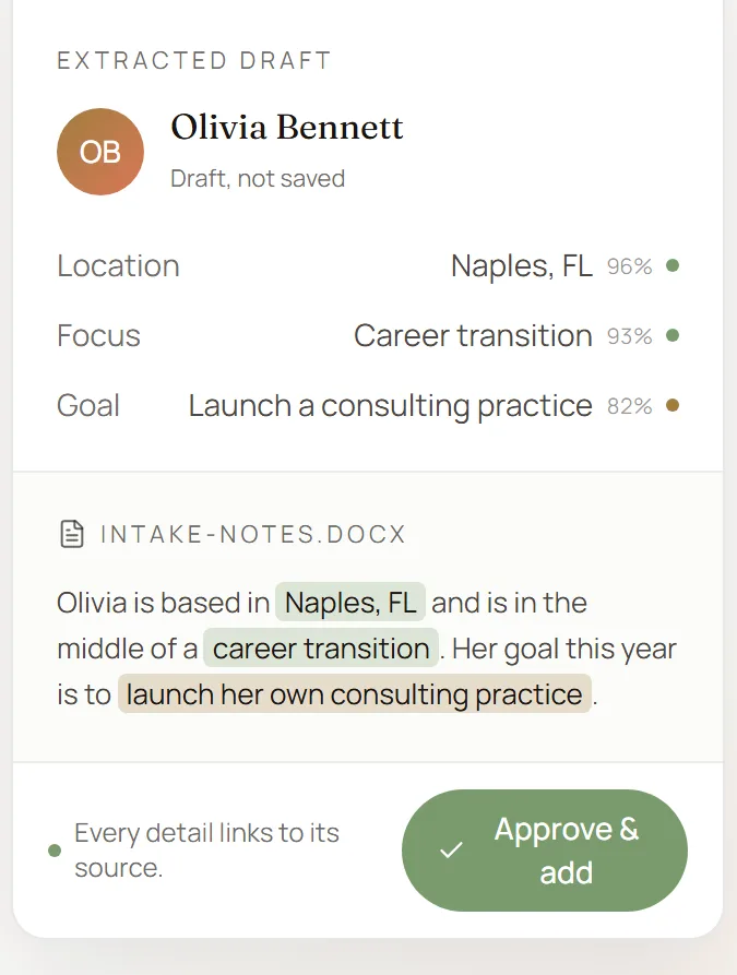 CoachFile import review on mobile: the AI-extracted client draft above the source document, with every field linked back to its source.